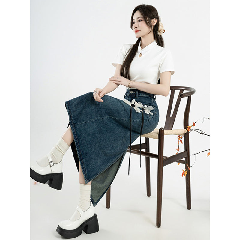 [XIAOMILI Series] ★ Skirt ★ Bottoms Denim skirt Floral pattern Blue Women's Fashionable Easy to match