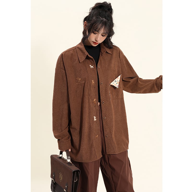 [YOYO Series]★Shirt★ 2color long sleeve shirt corduroy unisex men's cartoon apricot coffee color