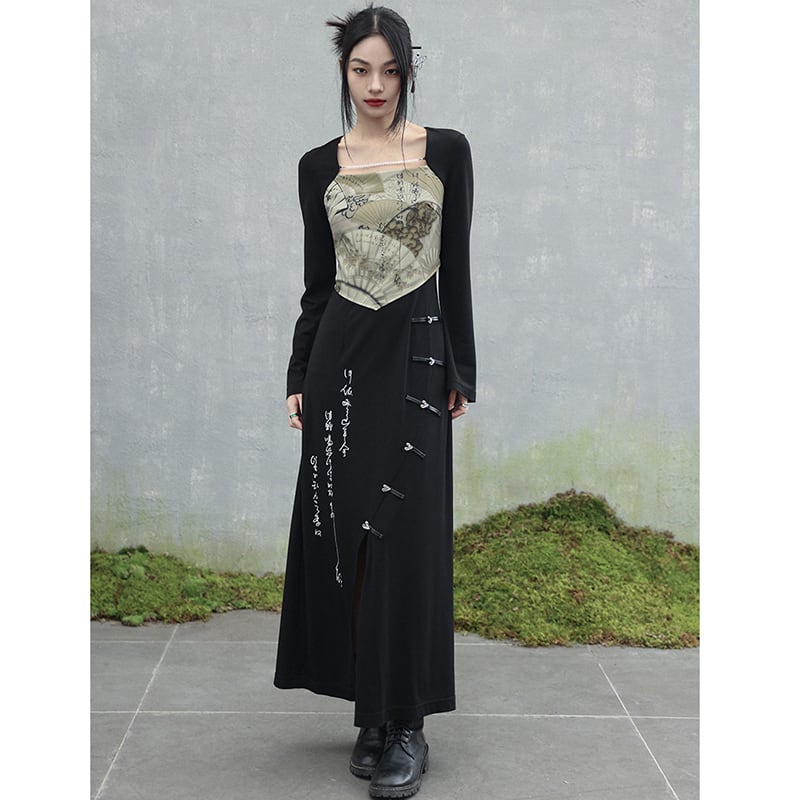 [Big Blue Dragon Series] ★China style dress★ Fake layered letter pattern slimming change black black