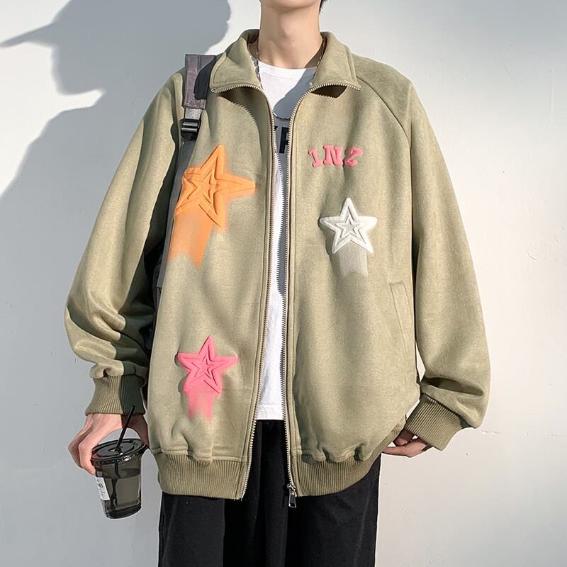 [ZUNKUN series]★Jacket★ 3color outerwear unisex men's suede star pattern brown black green