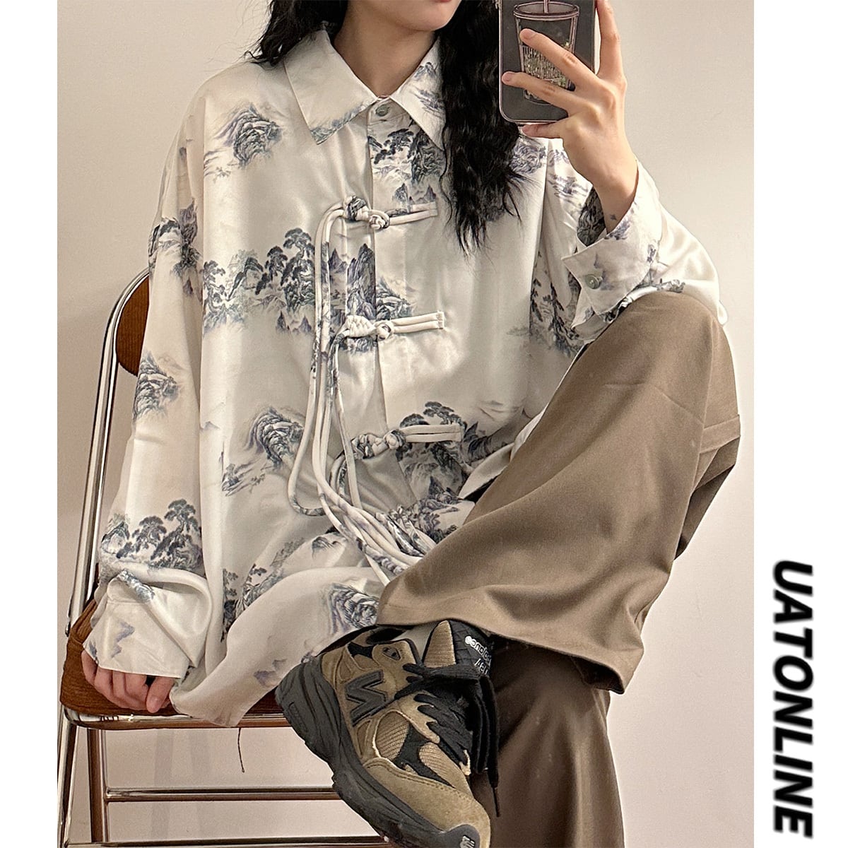 ✿New item! [UATONLINE Series] ★China style shirt★ Long sleeve shirt Ink pattern tops Unisex Men's China button