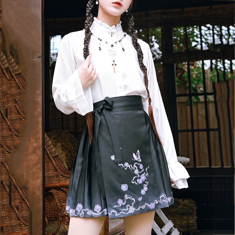 ✿New item! [Ancient monster house --- butterfly series] ★China style skirt★ Maki skirt bottoms short length black black Hanfu skirt