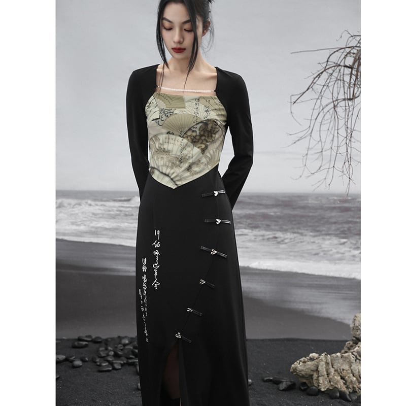 [Big Blue Dragon Series] ★China style dress★ Fake layered letter pattern slimming change black black