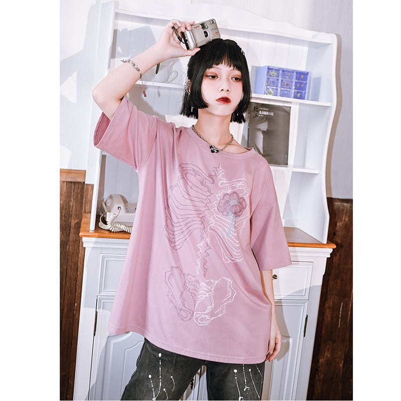 [Kokaisha---Flower Bone Series] ★Chinese-style tops★ 2color short-sleeved T-shirt printed unique original black pink