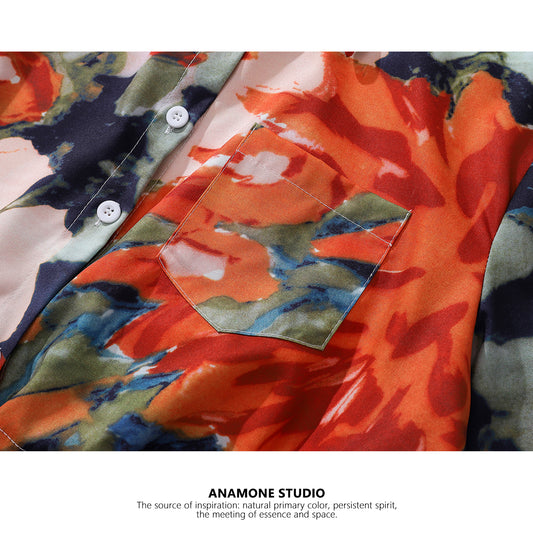 [ANAMONE STUDIO Series] ★Floral shirt★ Tops Short sleeve shirt SML Short length Print Unique Orange Oil painting style