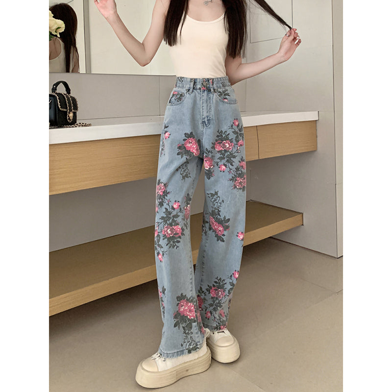 [WANAI Series] ★Denim pants★ Floral pattern pants Bottoms Casual Ladies Retro Print