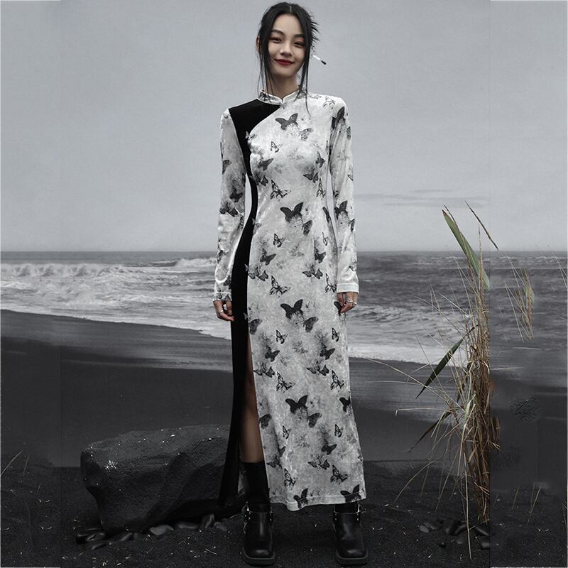 ✿New item! [Da Qinglong Shu Series] ★China style dress★ Cheongsam dress velvet butterfly long length color scheme slimming