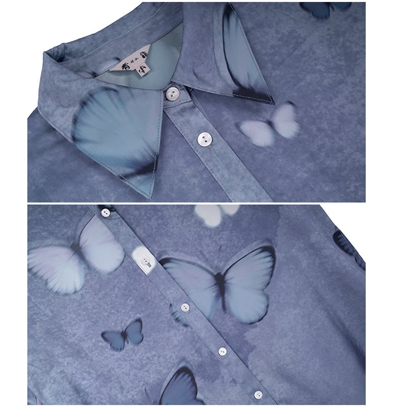 [Big Blue Dragon Series] ★China style tops★ Shirt, long sleeve shirt, butterfly satin blue, blue, cute, unique