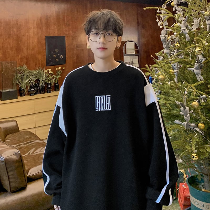 ✿New item! [BIGEMAN Series] ★Tops★ 2color sweatshirt, unisex, men's, large size, black, white, embroidery, color scheme: vertical stripes