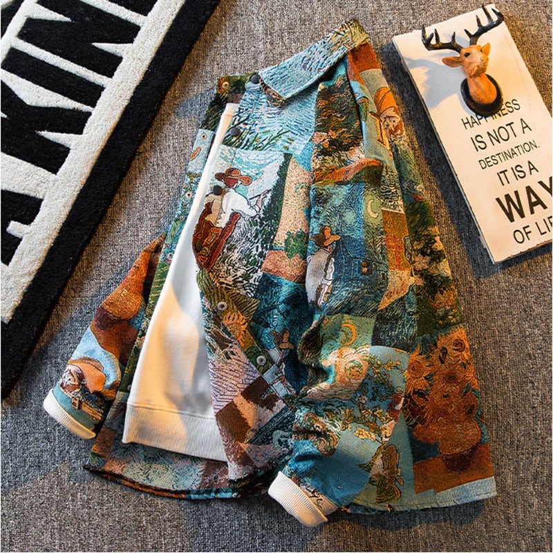 [HPCP Series]★Shirt★ Tops Outerwear Unisex Men's Figure Pattern Oil Painting Style Casual Blue Blue