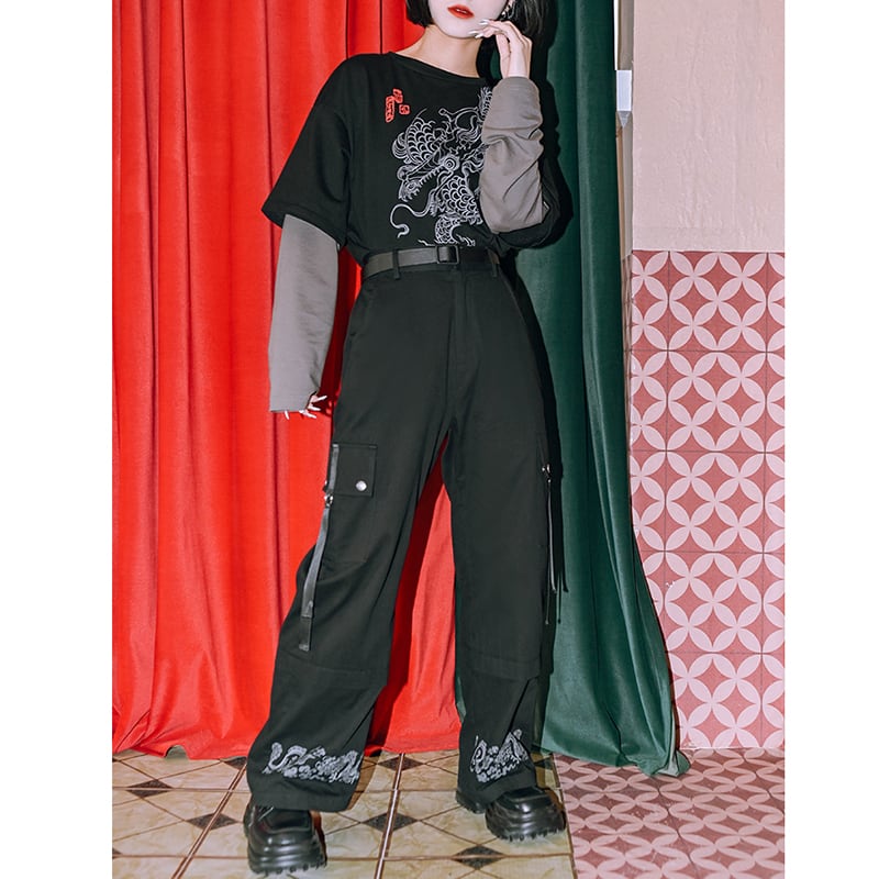 ✿New item! [Kokaisha --- Cloudflip Series] ★China style trousers★ Bottoms Casual pants Switching Black Black