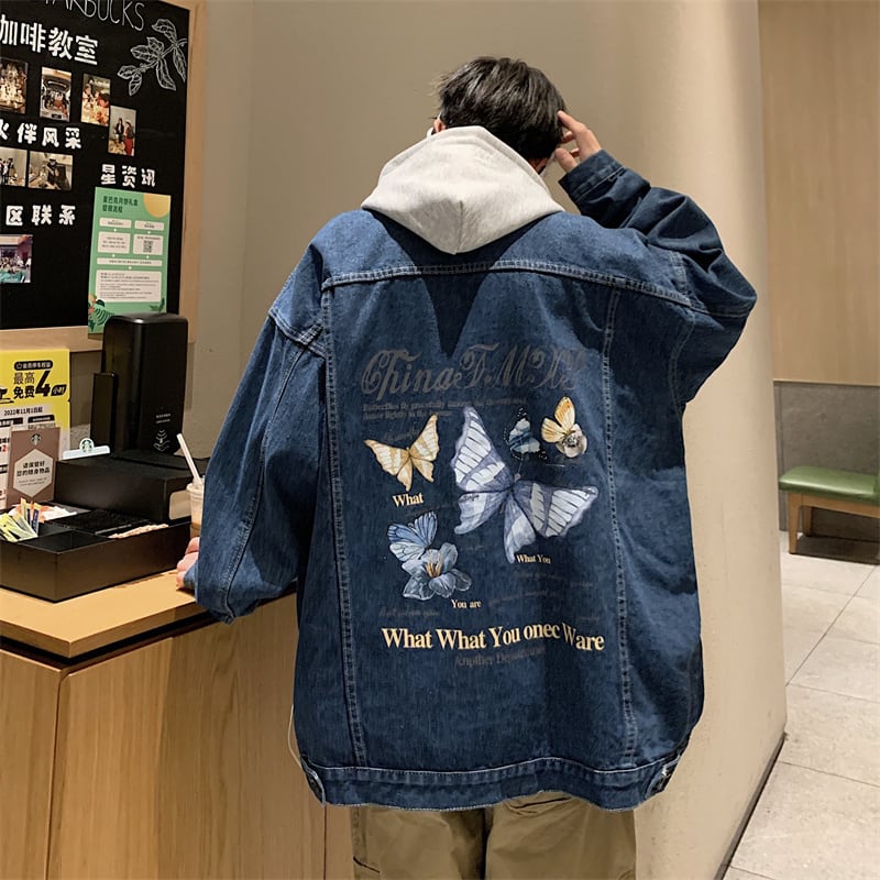 [V37 series]★Jacket★ 3color outerwear unisex men's denim jacket jeans butterfly print blue black