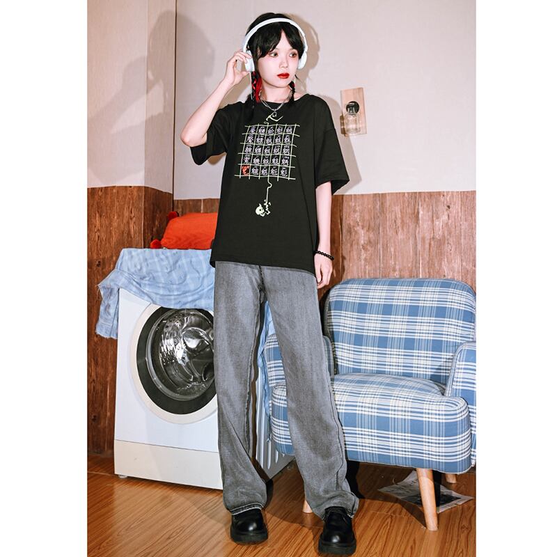 【古怪舍---二十四鬼シリーズ】★チャイナ風Tシャツ★ 半袖トップス 半袖Tシャツ プリント 個性的 オリジナル 文字柄 ブラック 黒い