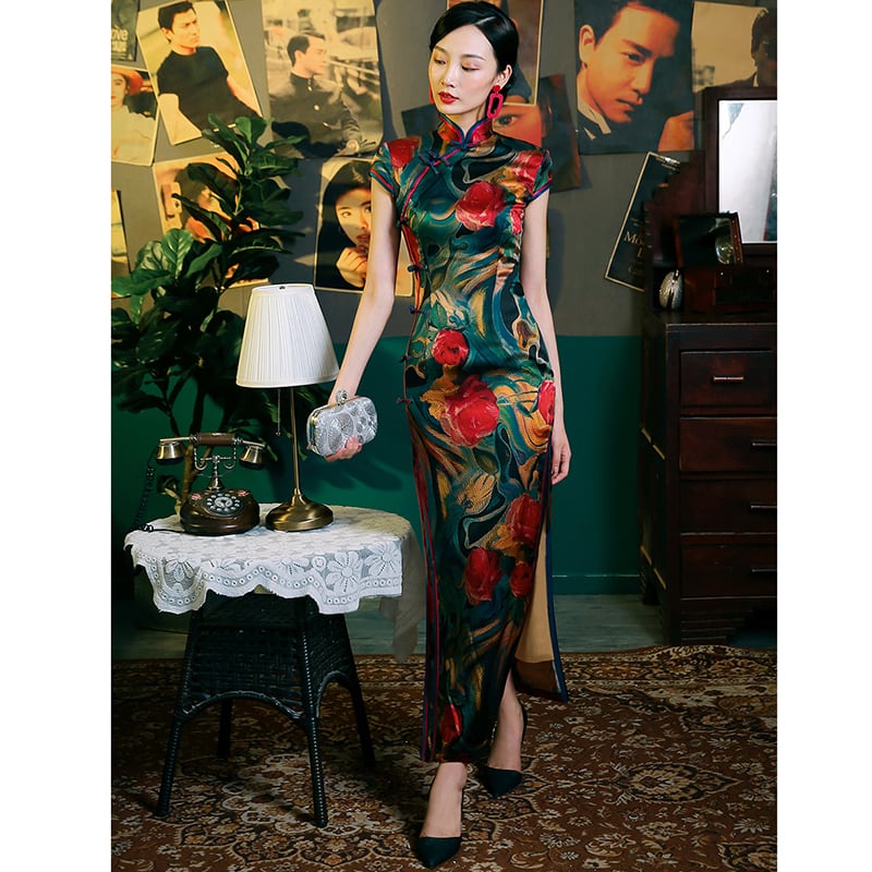 [MISS.F Series] ★Cheongsam Dress★ Silk Temperament Enhancement Chinese Style Dress Women's Party Wedding Floral Pattern