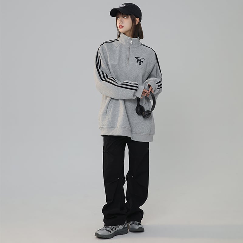 [Fujiiman series] ★Tops★ 3color sweatshirt POLO neck unisex men's vertical striped striped pattern gray white black