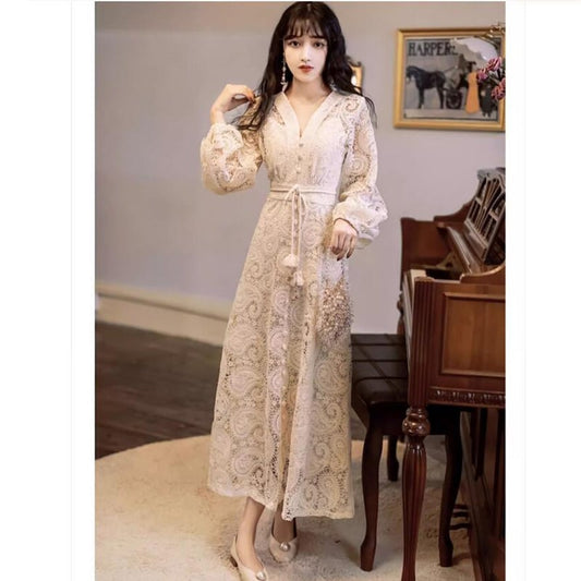 [GYBN Series] ★One Piece★ Lace V-neck Improves Temperament Retro Apricot Long Length Party