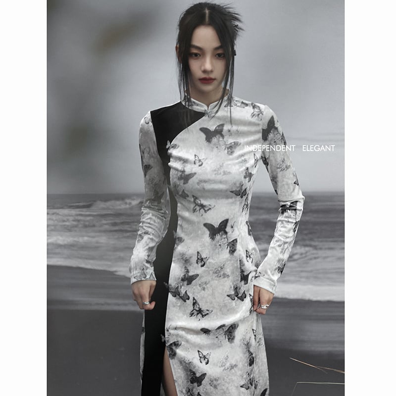 ✿New item! [Da Qinglong Shu Series] ★China style dress★ Cheongsam dress velvet butterfly long length color scheme slimming