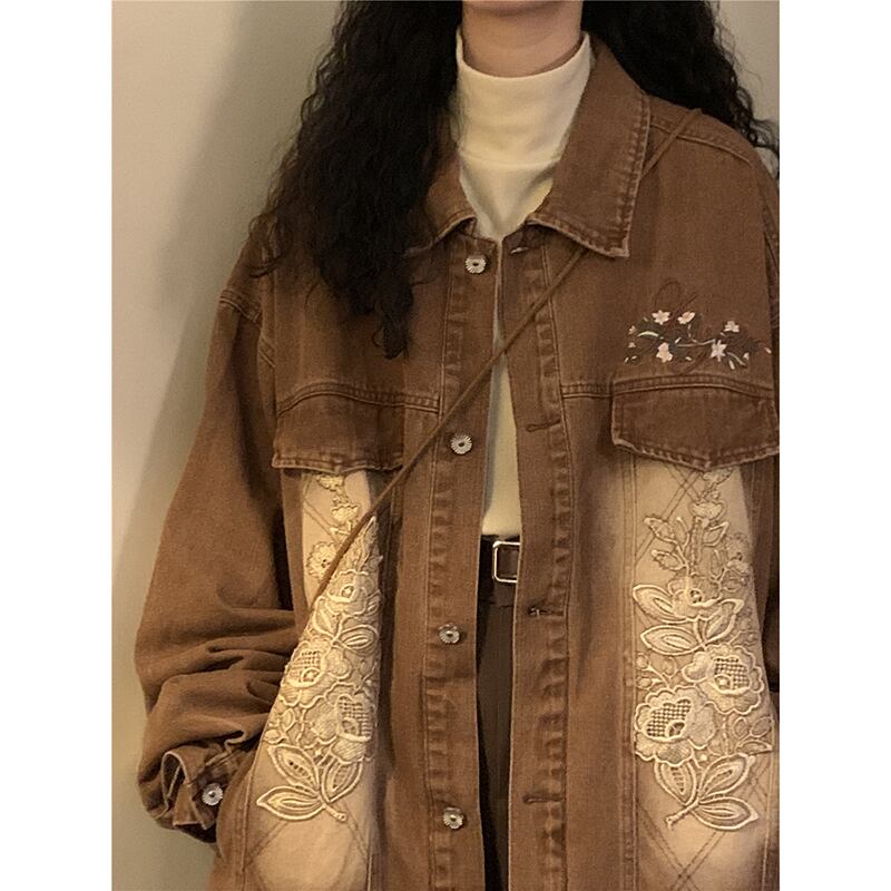 ✿New item! [SOLDOUT Series]★Denim Jacket★ Embroidery Floral Pattern Outerwear Switching Unisex Men's Design Retro Brown