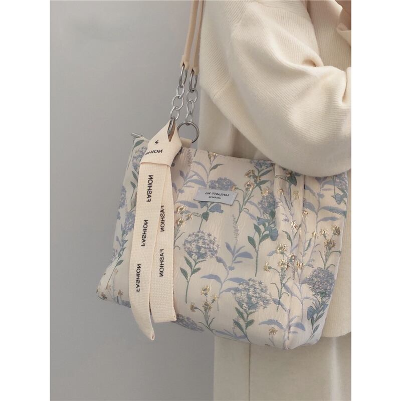 [JaneBeauty Series]★Bag★ Shoulder Bag Large Capacity Floral Pattern Embroidery Commuting Office Lady Date School Cute Blue Blue