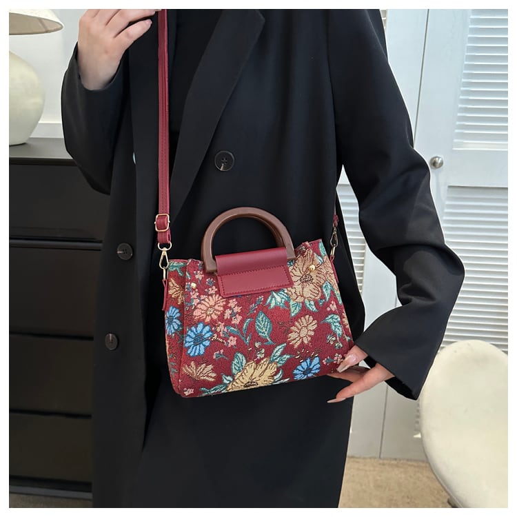 [YUJIAN series]★Bag★ 3color shoulder bag oil painting style floral pattern cute black beige wine red