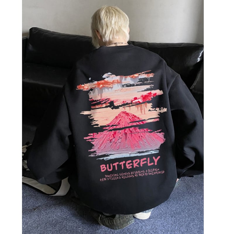 [LGH Series]★Tops★ 6color Sweatshirt Unisex Men's Large Size Oil Painting Style Snowy Mountain White Red Black Purple