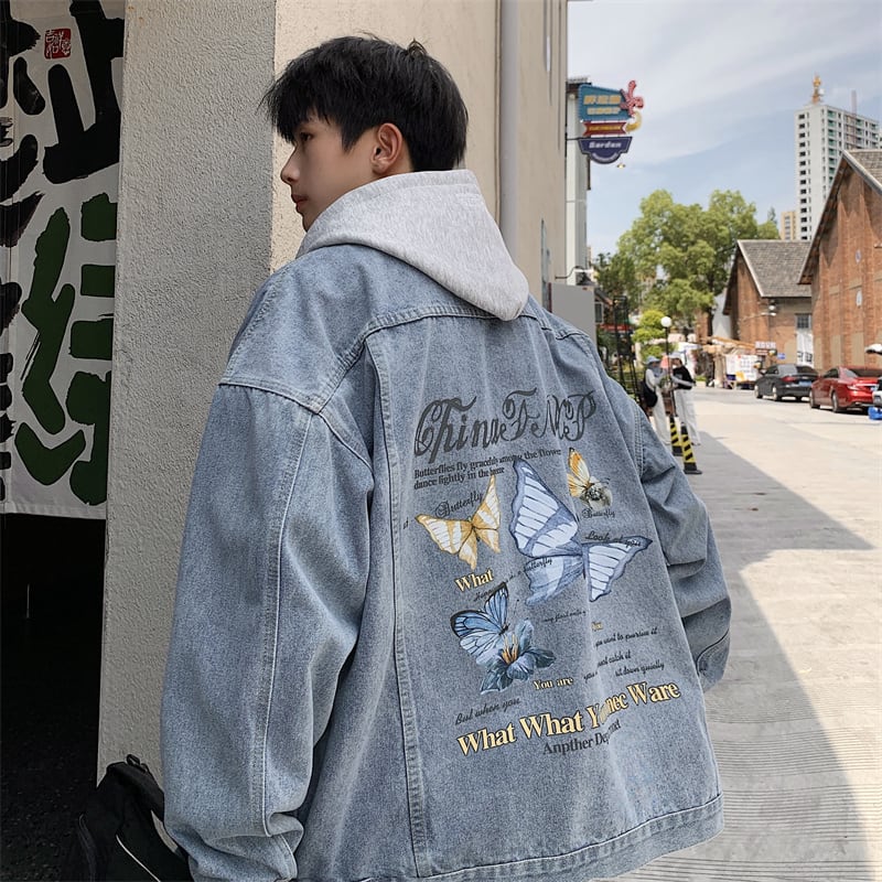 [V37 series]★Jacket★ 3color outerwear unisex men's denim jacket jeans butterfly print blue black