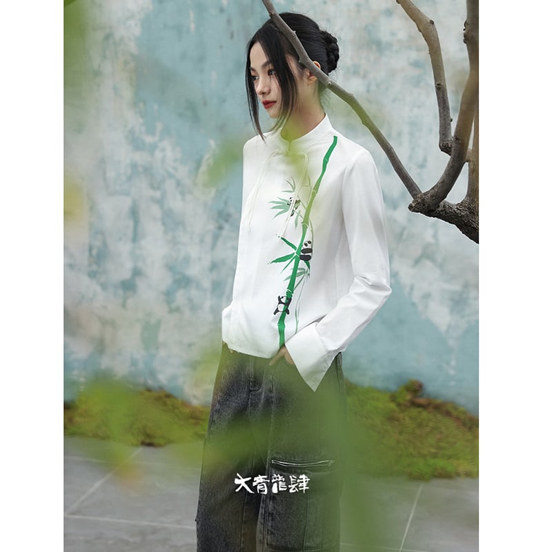 [Da Qinglong Shu Series] ★Chinese style tops★ Shirt, long sleeve shirt, bamboo panda print, white, white