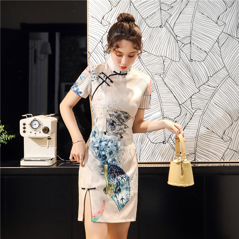 [HONGSHE Series] ★Chinese Dress★ Chinese-style dress, short length, fan pattern, cute, date