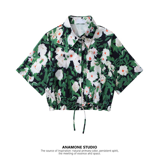 【ANAMONE STUDIOシリーズ】★花柄シャツ★ トップス 半袖シャツ S M L ショート丈 レディース 緑 グリーン