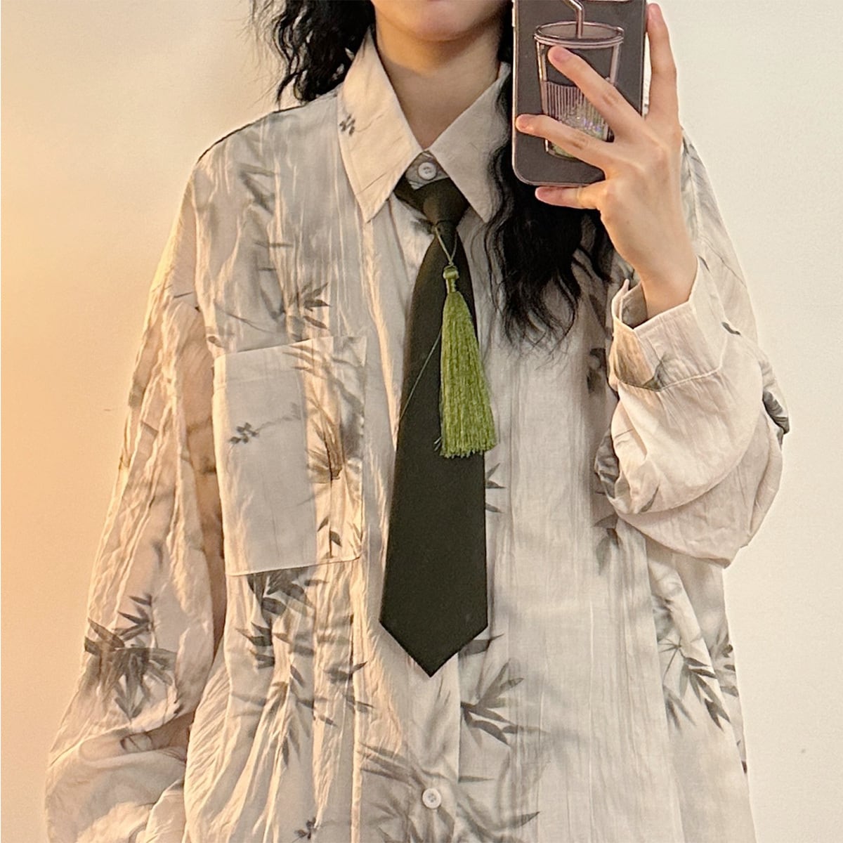 ✿New item! [UATONLINE series] ★China style shirt★ 2color shirt with tie, long sleeve shirt, tops, unisex, men's bamboo