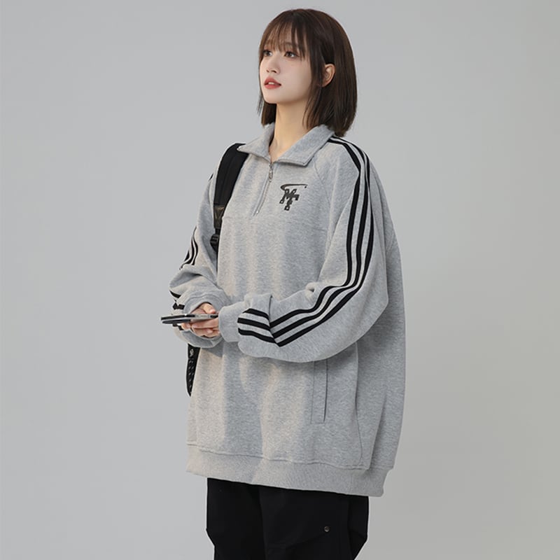 [Fujiiman series] ★Tops★ 3color sweatshirt POLO neck unisex men's vertical striped striped pattern gray white black