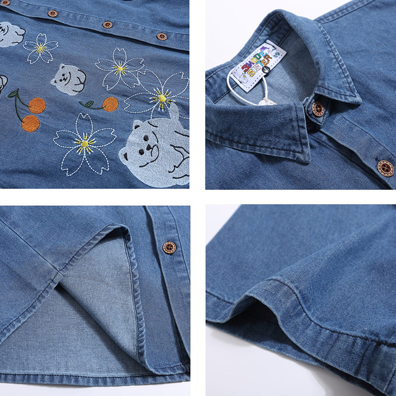 [WUSUOBZ Series] ★Shirt★ Denim shirt top short sleeve embroidery unisex men women cartoon