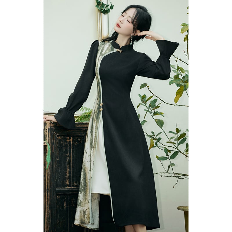 [Hanamori Series] ★China-style dress★ Improved cheongsam dress with switching design Black Black