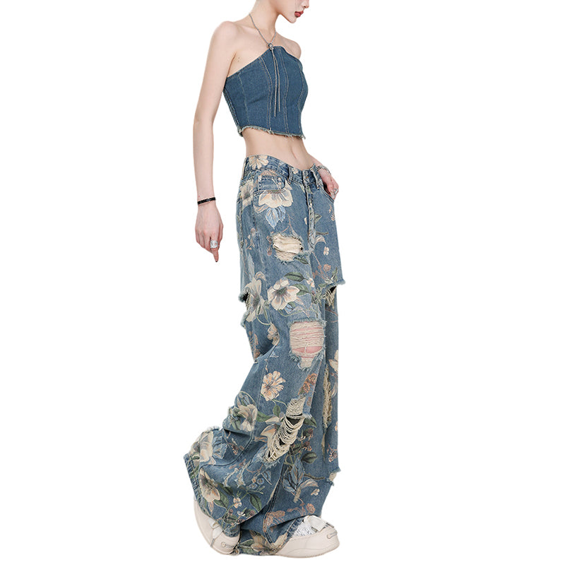 [MZVZ Series] ★Denim pants★ Floral patterned trousers, bottoms, distressed finish, unisex, men's, women's, stylish