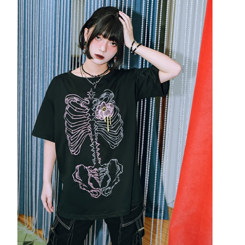 [Kokaisha---Flower Bone Series] ★Chinese-style tops★ 2color short-sleeved T-shirt printed unique original black pink