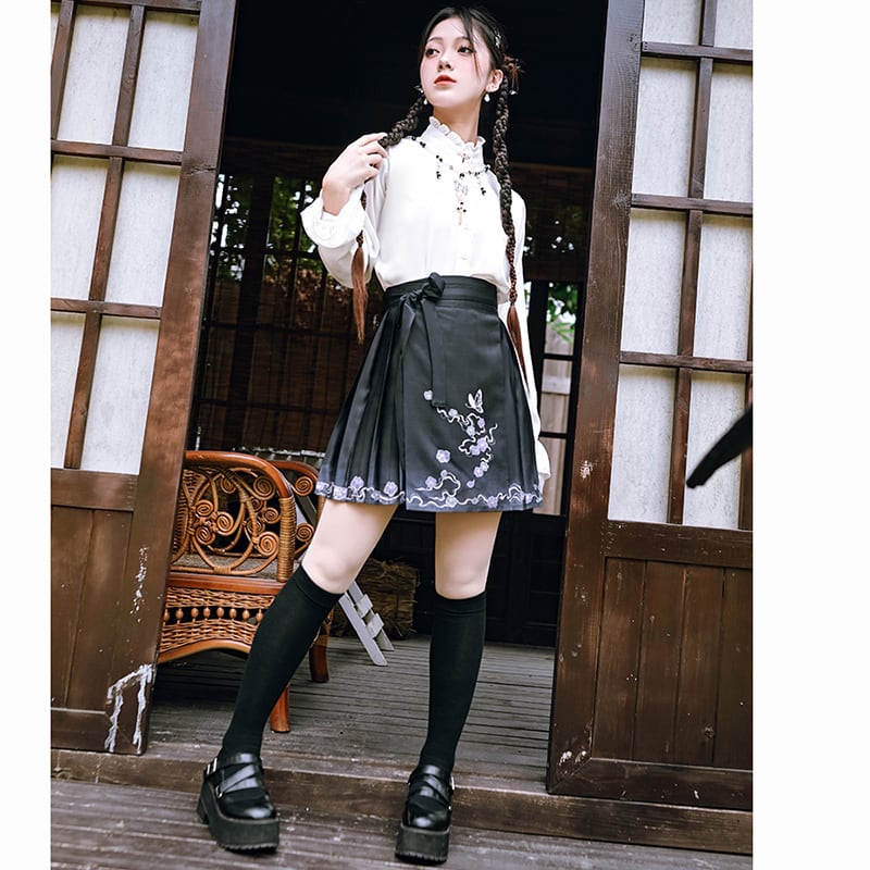 ✿New item! [Ancient monster house --- butterfly series] ★China style skirt★ Maki skirt bottoms short length black black Hanfu skirt