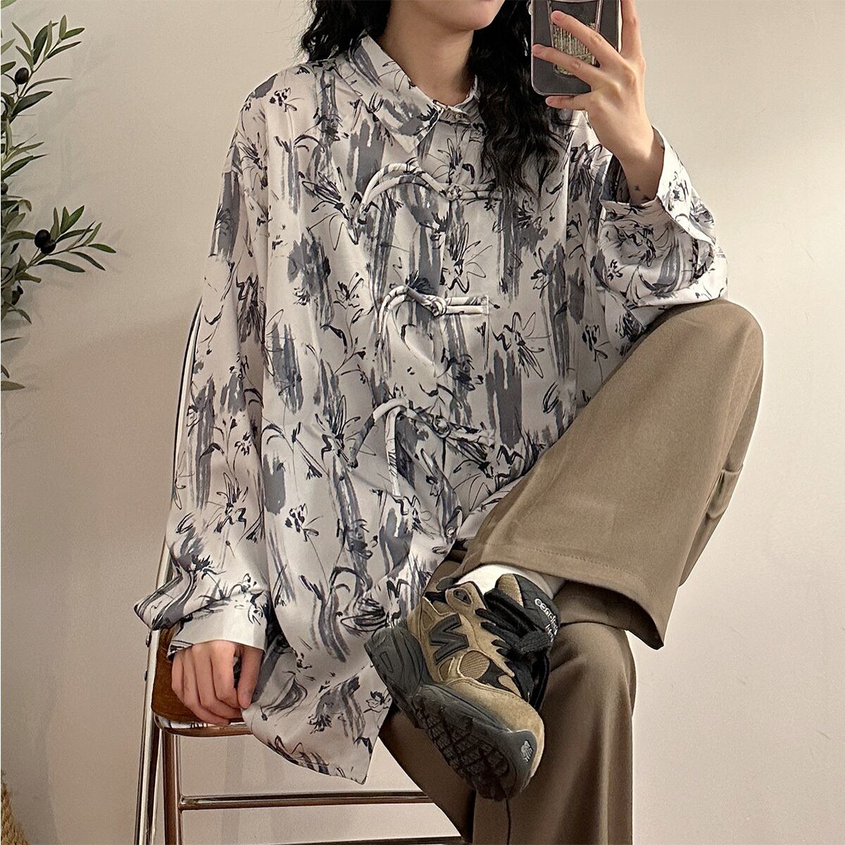 ✿New item! [UATONLINE Series] ★China style shirt★ Long sleeve shirt Ink pattern tops Unisex Men's China button