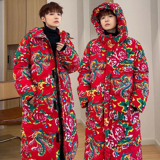 [YEFENG Series]★China style cotton coat★3color tops, floral pattern, winter coat, long length, unisex, men's, large size, black, red, green, blue