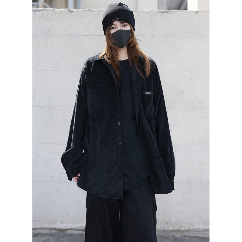 [OOPSJOYCE Series]★Shirt★ Tops Long Sleeve Shirt Corduroy Simple Black Black ML XL 2XL