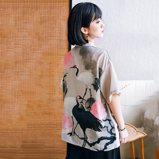 [Kogaesha---Crane Series] ★Chinese-style top★ Short-sleeved shirt, unique, original crane print