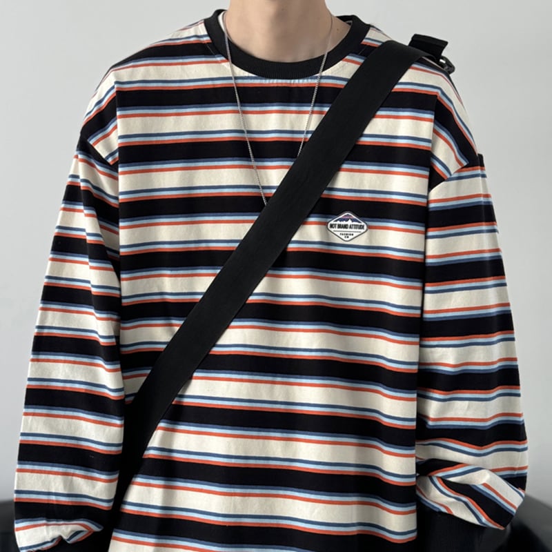 [V37 Series] ★Tops★ 2color sweatshirt unisex men's horizontal striped striped pattern black green easy to match