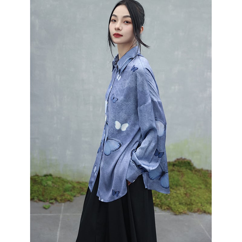 [Big Blue Dragon Series] ★China style tops★ Shirt, long sleeve shirt, butterfly satin blue, blue, cute, unique