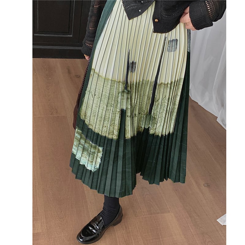 [XIAOYOUGU series] ★China style skirt★ Oil painting style pleated skirt Retro cute Easy to match for commuting, dating, etc.