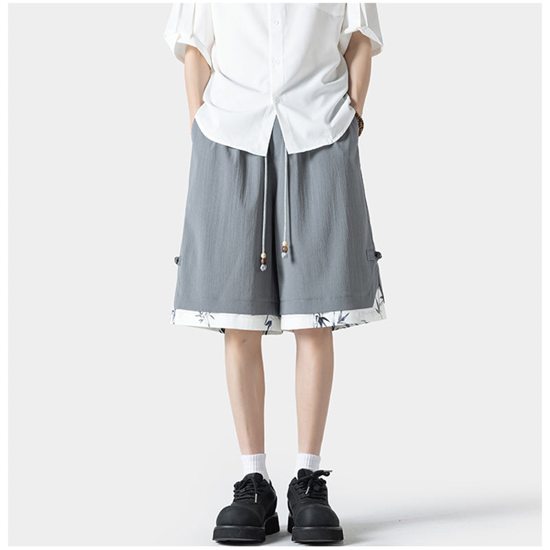 [BIGEMAN Series] ★Shorts★ Chinese-style pants, 2 colors, bottoms, short pants, unisex, men's, fake layered, black, gray