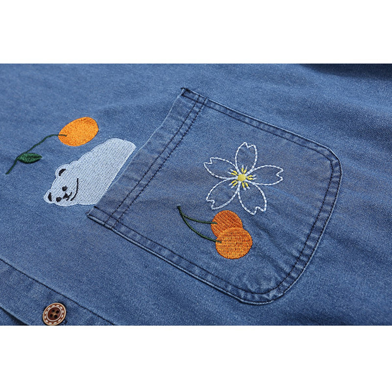 [WUSUOBZ Series] ★Shirt★ Denim shirt top short sleeve embroidery unisex men women cartoon