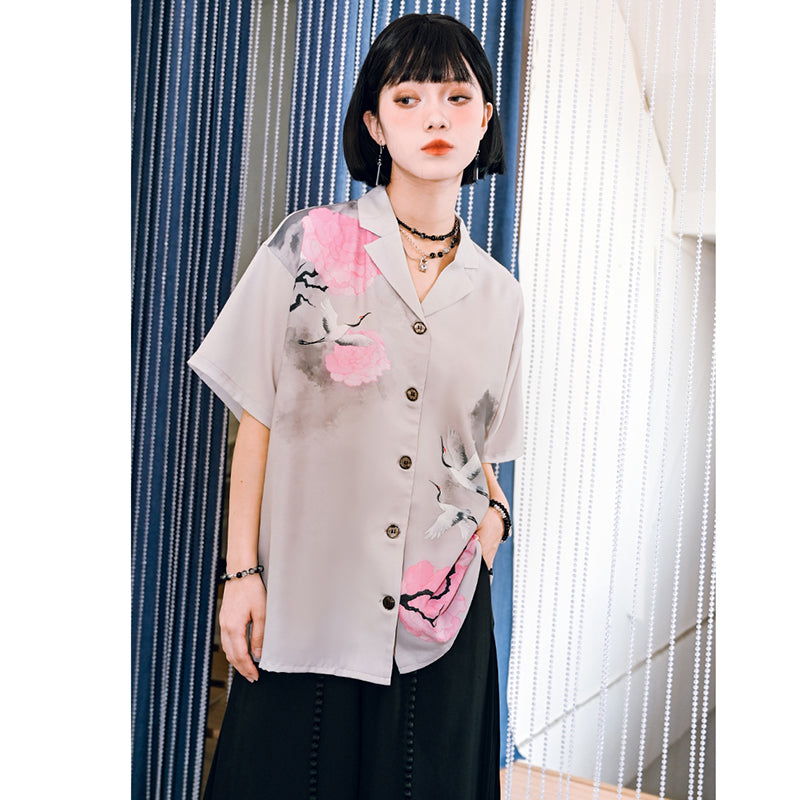 [Kogaesha---Crane Series] ★Chinese-style top★ Short-sleeved shirt, unique, original crane print