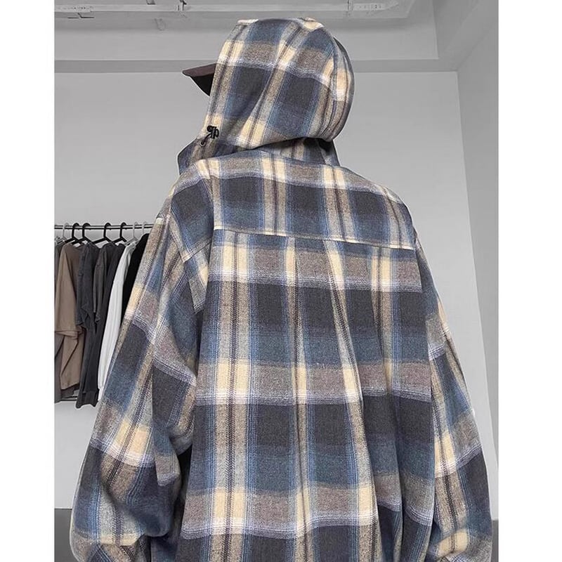 [CHAOMEICHEN Series] ★Outer★ 2color Shirt Outer Hood Plaid Pattern Unisex Men's Brown Blue