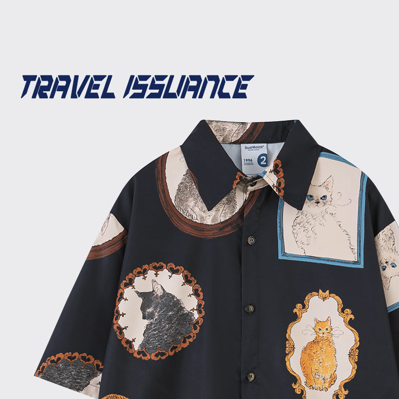 [TRAVEL ISSUANCE series] ★Shirt★ 2 colors Tops Short sleeve Cat Cat Cat pattern Unisex Men's Women's Black Blue