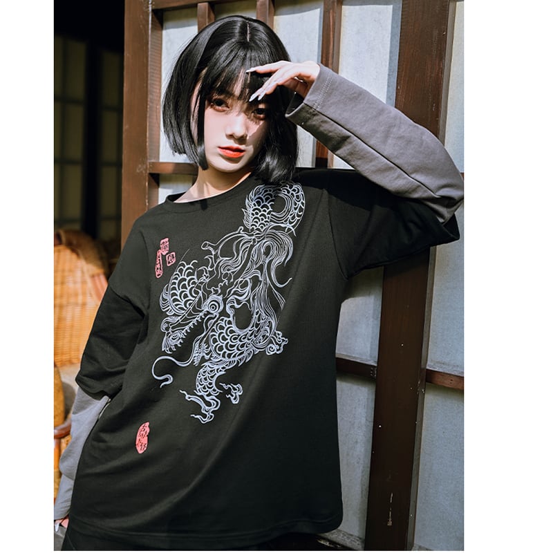 ✿New item! [Old Monster --- Cloudflies Series] ★China style tops★ T-shirt fake layered dragon dragon crest unique