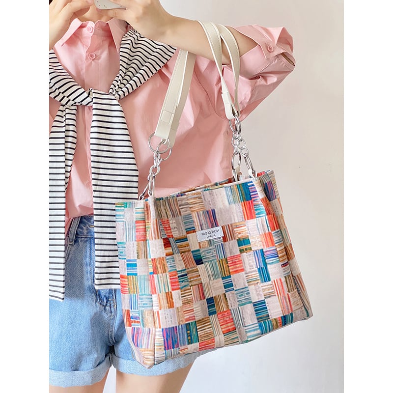 [JaneBeauty Series]★Bag★ Shoulder Large Capacity Graffiti Print Commuting Office Lady Date School Plaid Pattern Graffiti Color